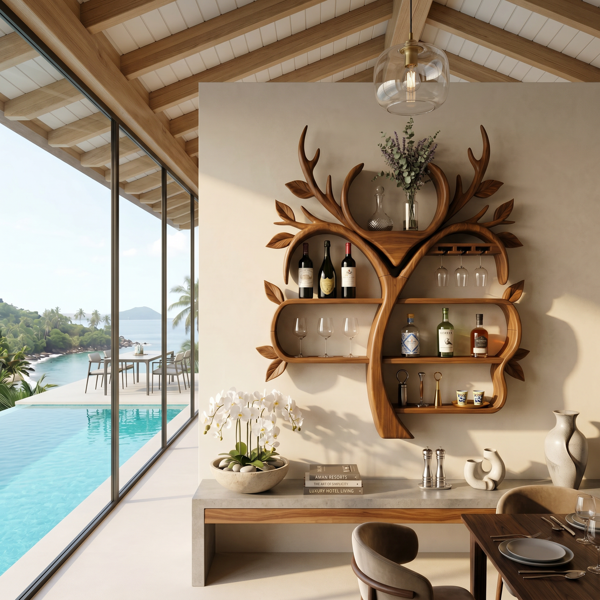 Resort Style Tree Inspired Wine Bar Shelf For Living Room