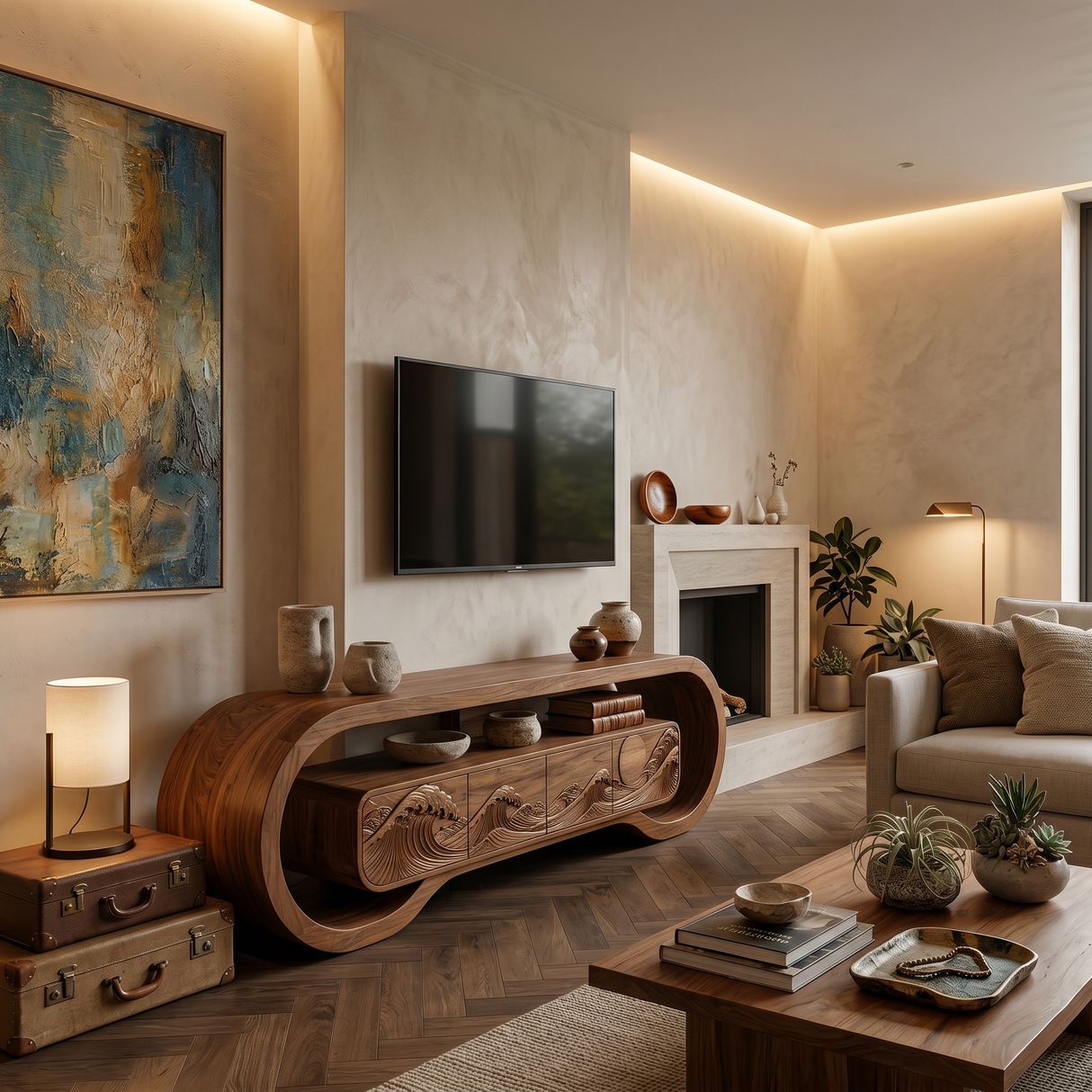 Wooden TV Stand With Carved Ocean Wave For Luxury Home