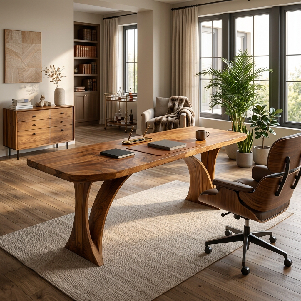Handmade Wooden Desk With Unique Curved Base For Workspace