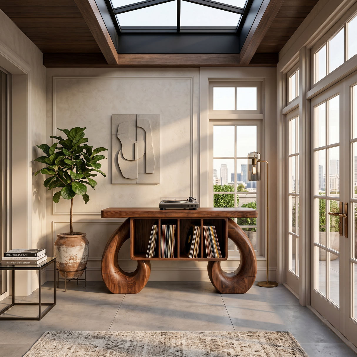 Sculptural Loop Record Player Console Contemporary Interior