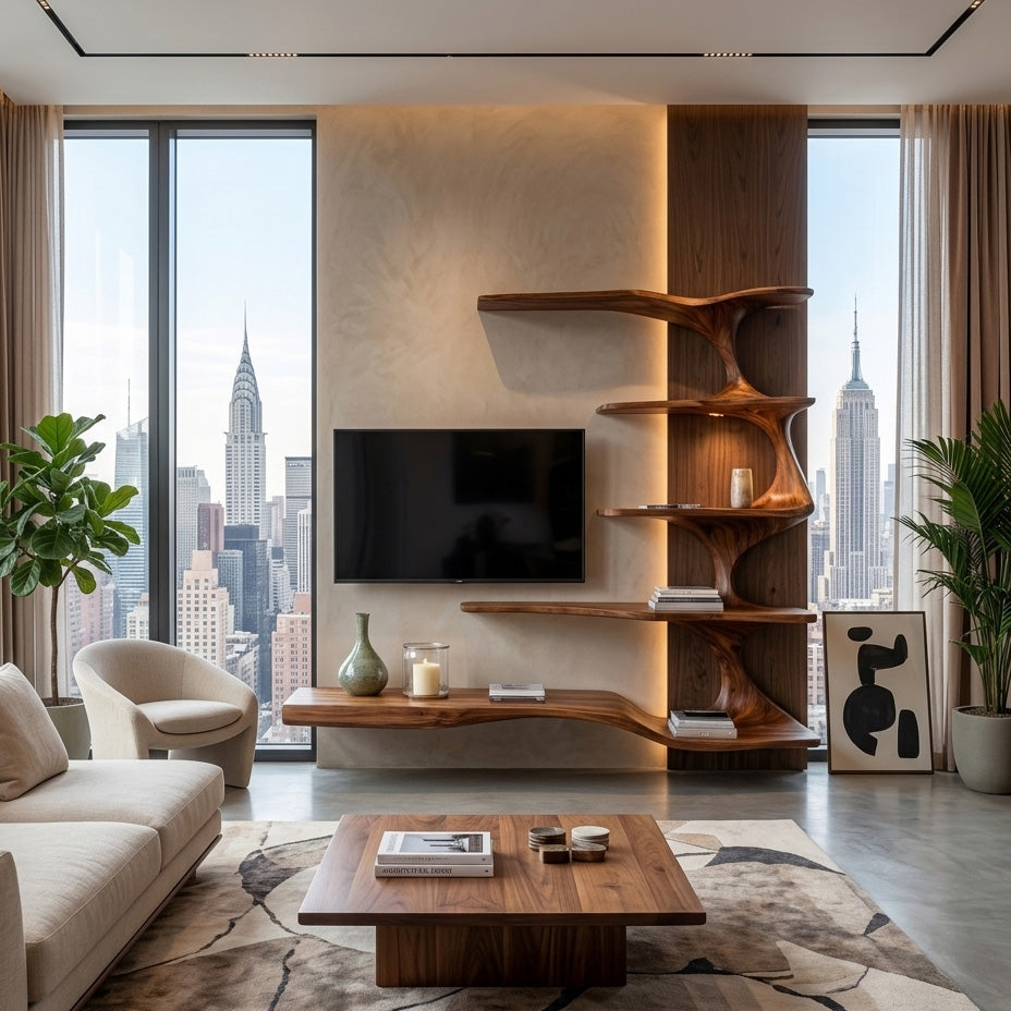 Organic Natural Wood TV Shelf For Living Space