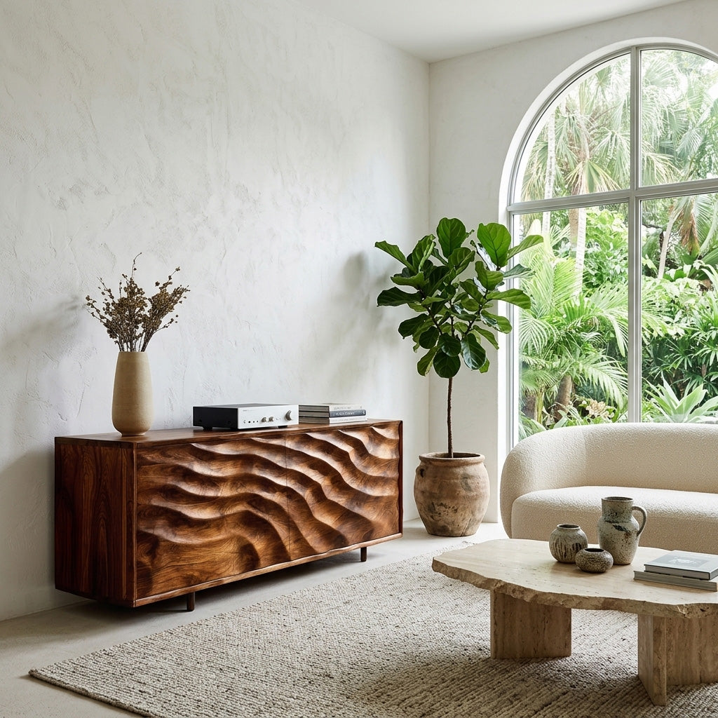 Contemporary Wooden Sideboard With Carved Doors For Home Interior