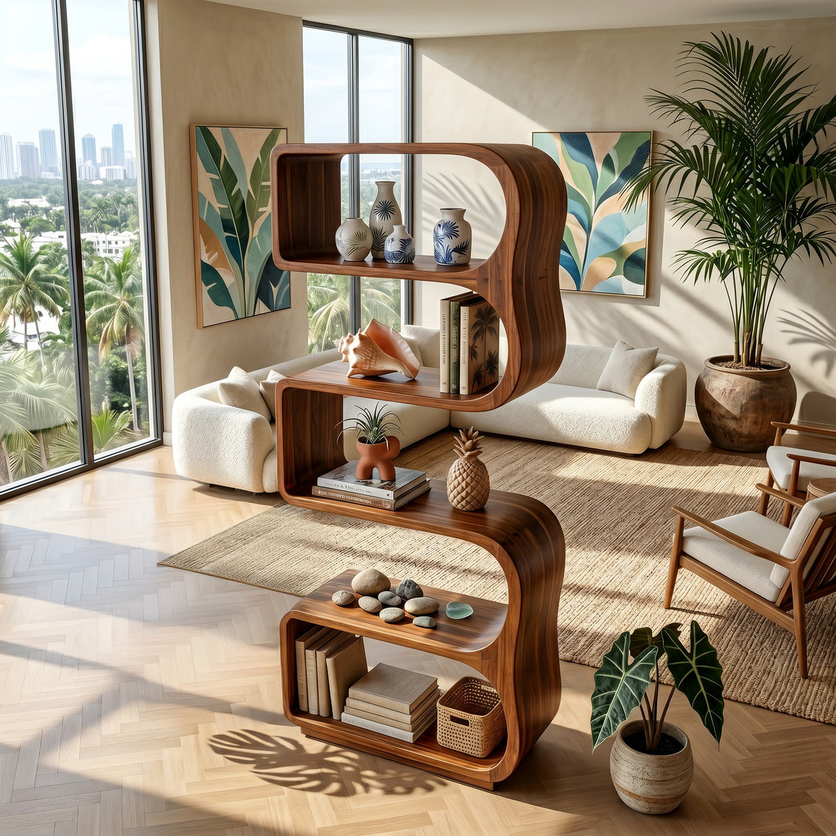 Minimalist Wooden Standing Shelf For Sunlit Living Room
