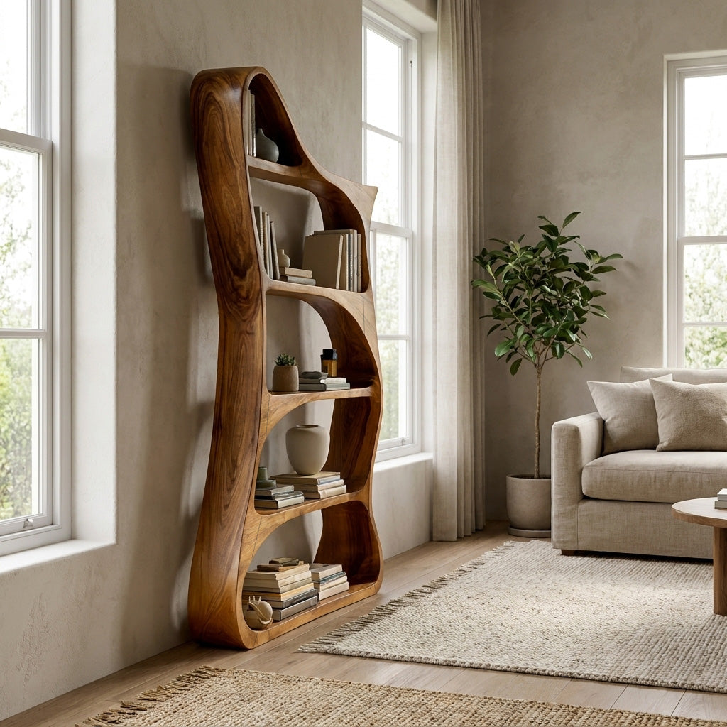 Modern Sculptural Natural Wood Bookshelf For Living Room