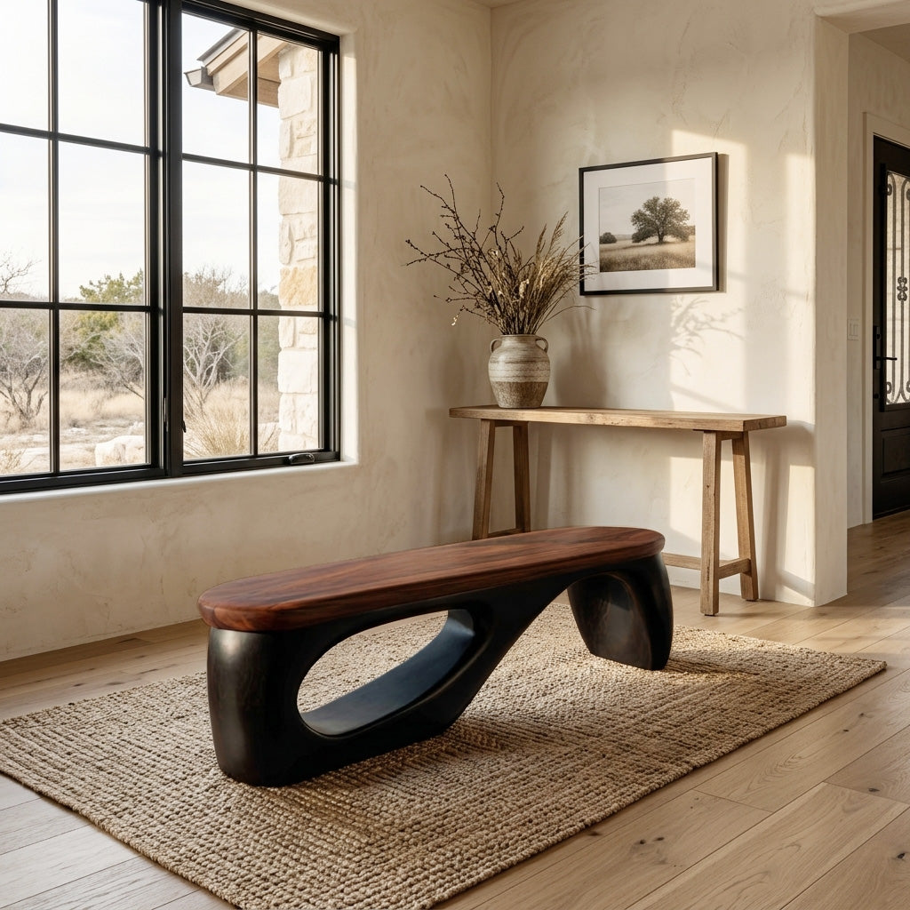Organic Wooden Bench With Curved Black Base For Home