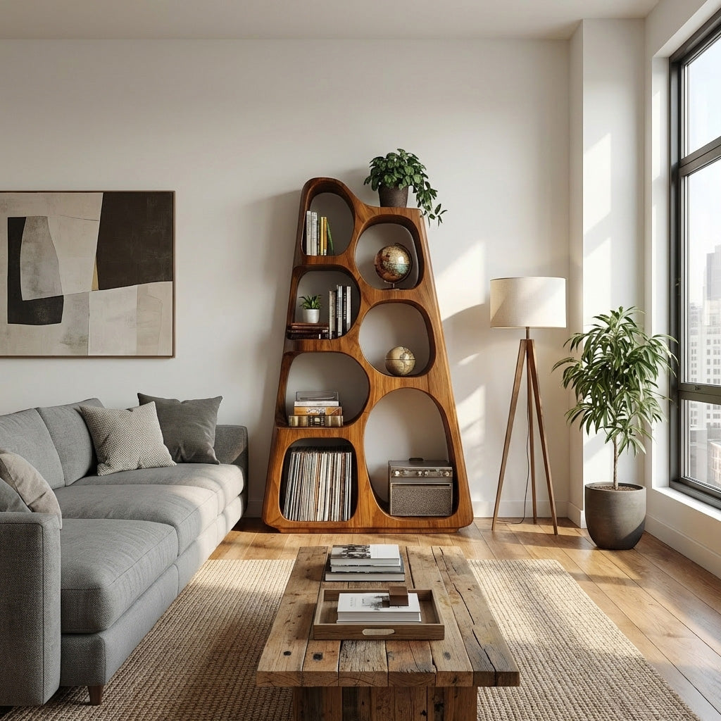 Organic Wooden Bookshelf For Japandi Furniture Decor