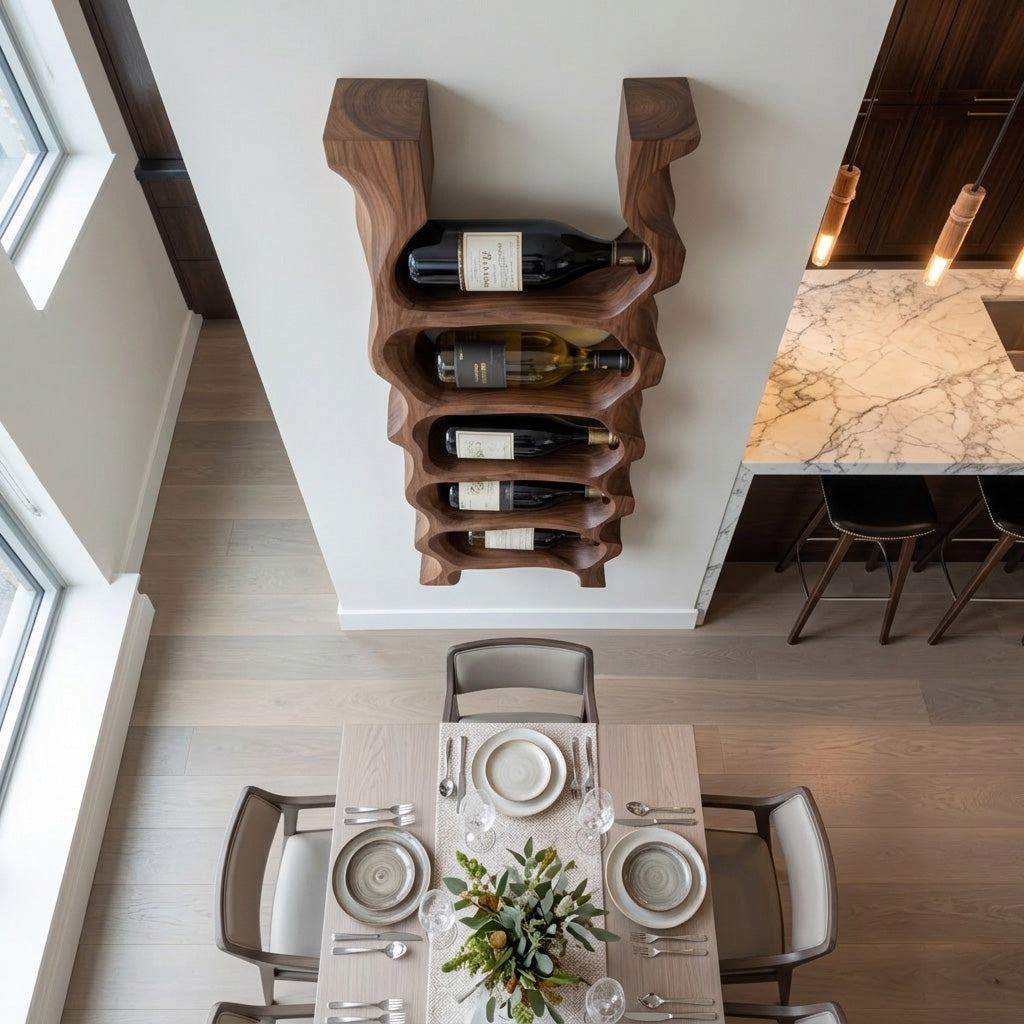 Modern Sculptural Wooden Wine Rack For Kitchen Wall Display