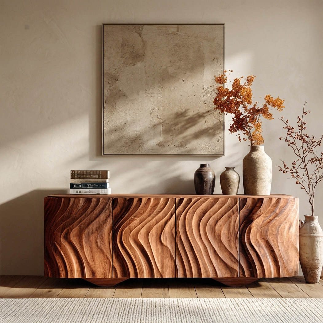 Farmhouse Wooden Sideboard With Carved Wave Doors For Living Storage