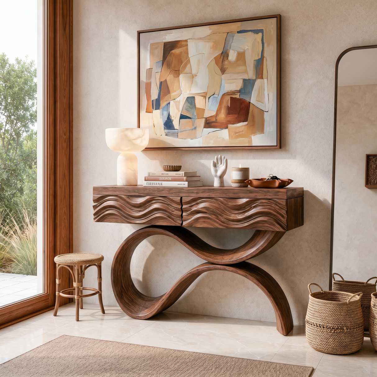 Modern Wood Console Table With Elegant Curved Base For Entryway