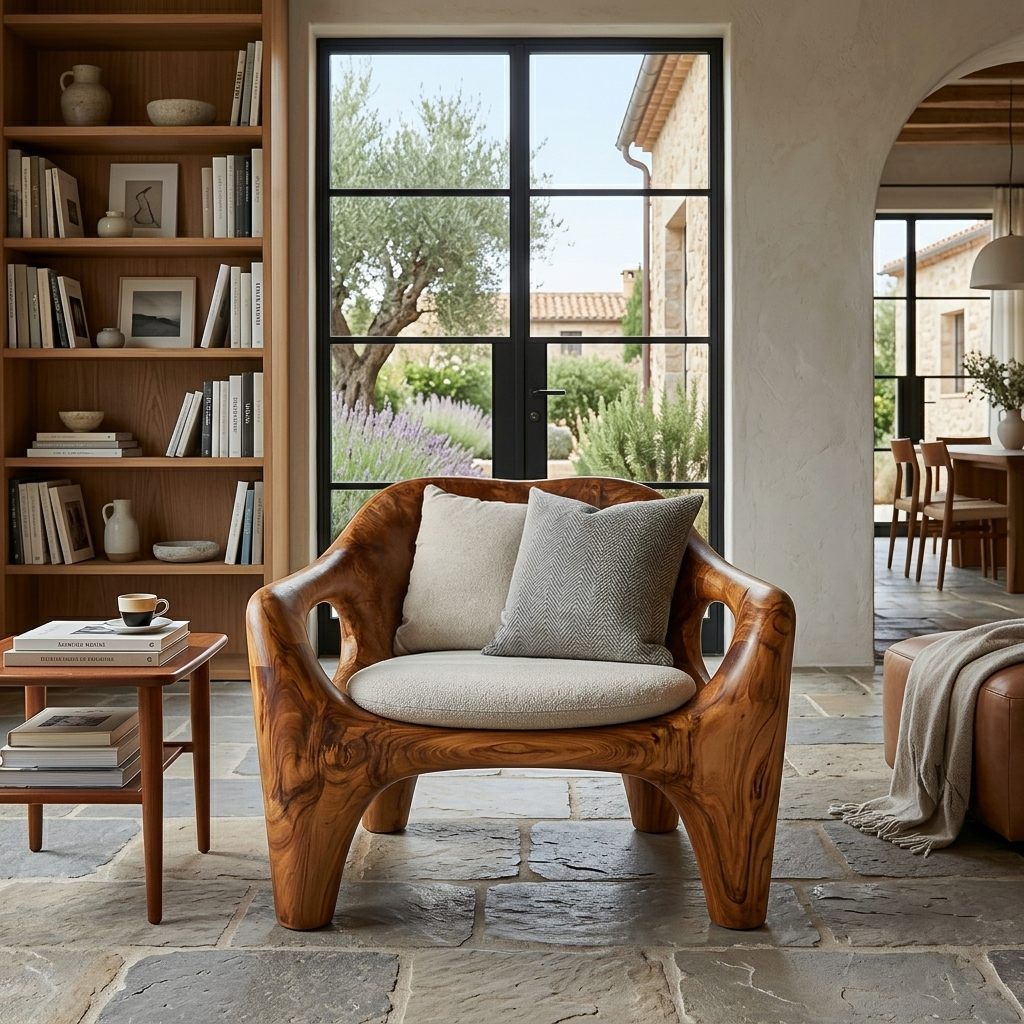 Modern Sculptural Natural Wood Accent Chair For Living Space
