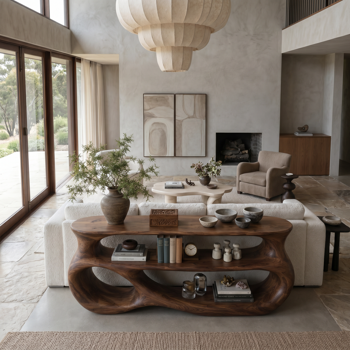 Contemporary Wooden Console Table With Rounded Sculpture For Living Room