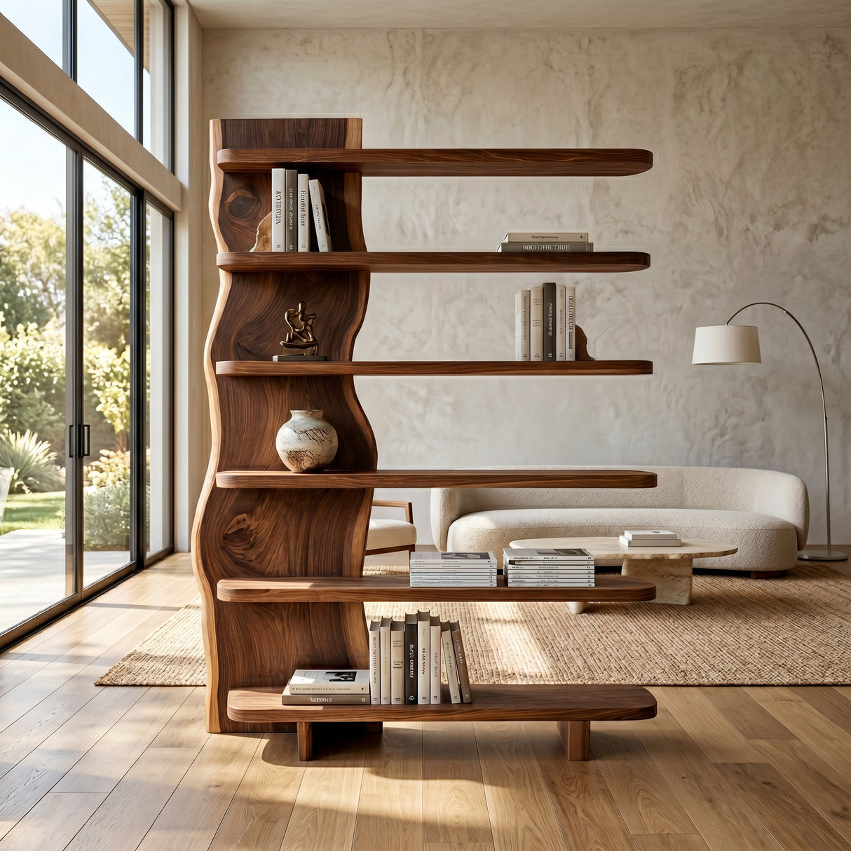 Modern Organic Wooden Standing Shelf For Lounge Area