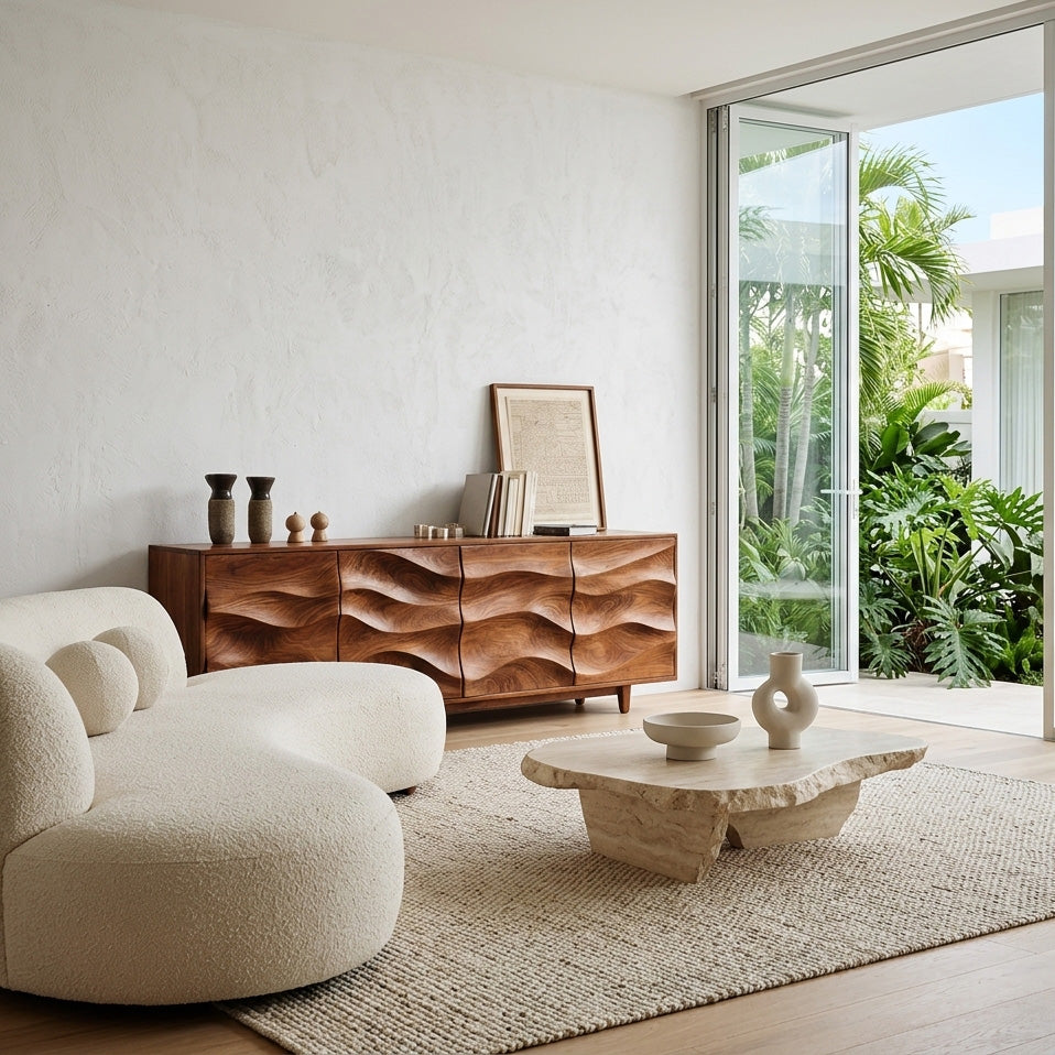 Rustic Wooden Sideboard With Undulating Doors For Living Room