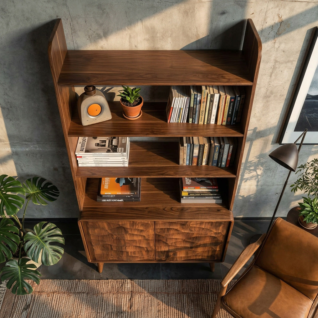 Modern Wooden Bookshelf With Carved Cabinet Doors For Home