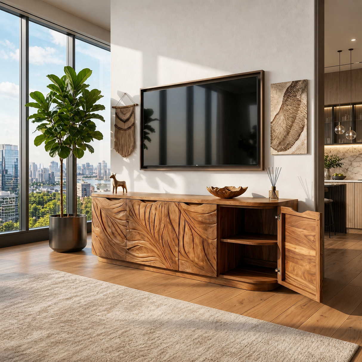 Contemporary Wooden Media Console For Urban Interior