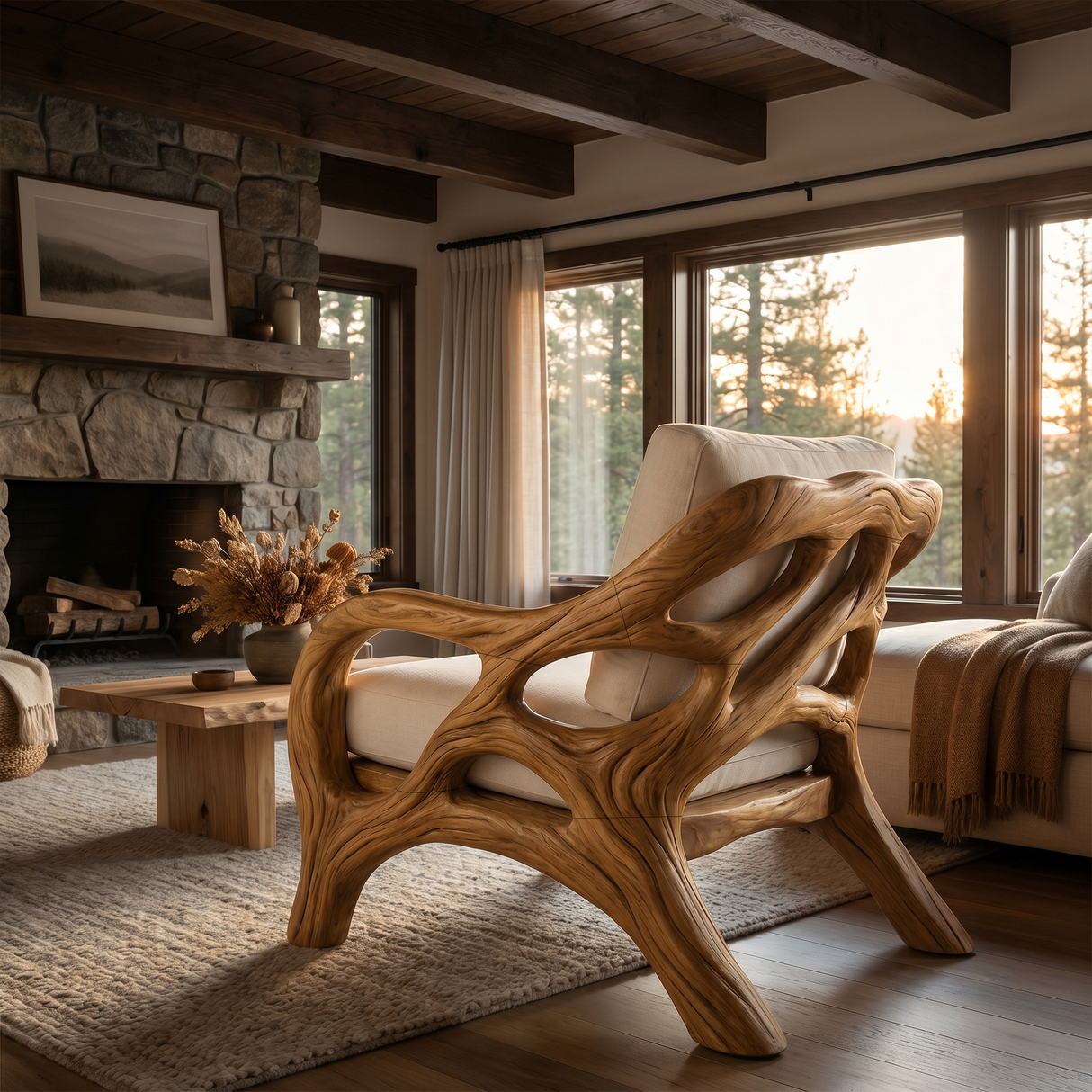 Luxury Organic Wood Lounge Chair with Sculptural Architectural Design