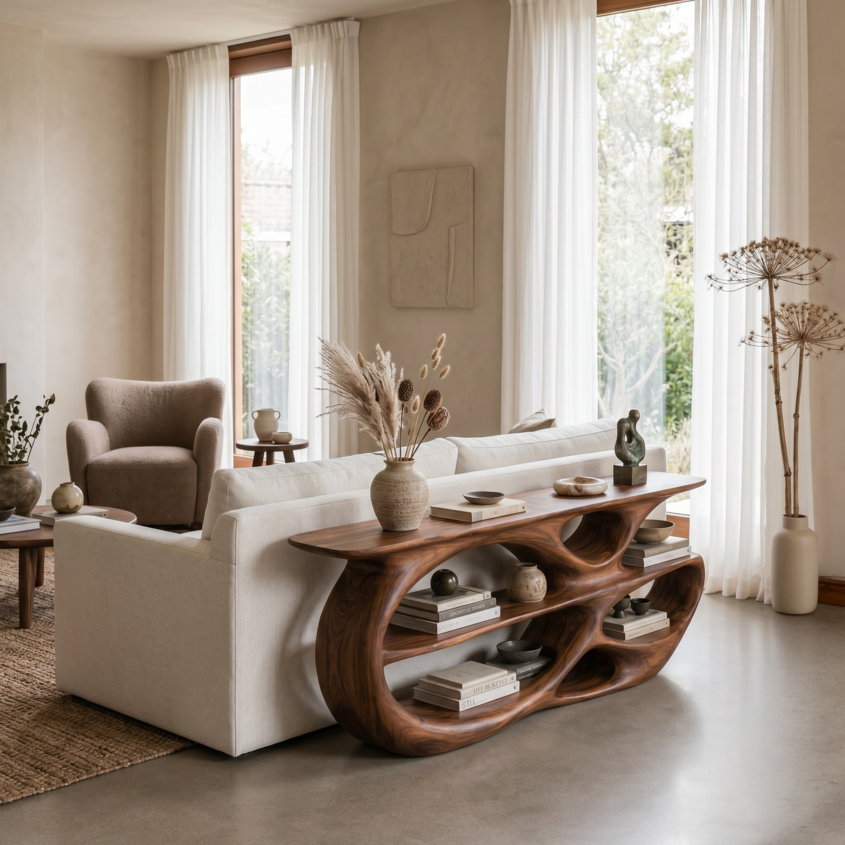 Modern Wooden Console Table With Organic Open Shelves For Entryway