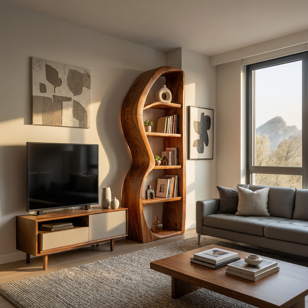 Mid Century Modern Unique Bookshelf Living Room Storage