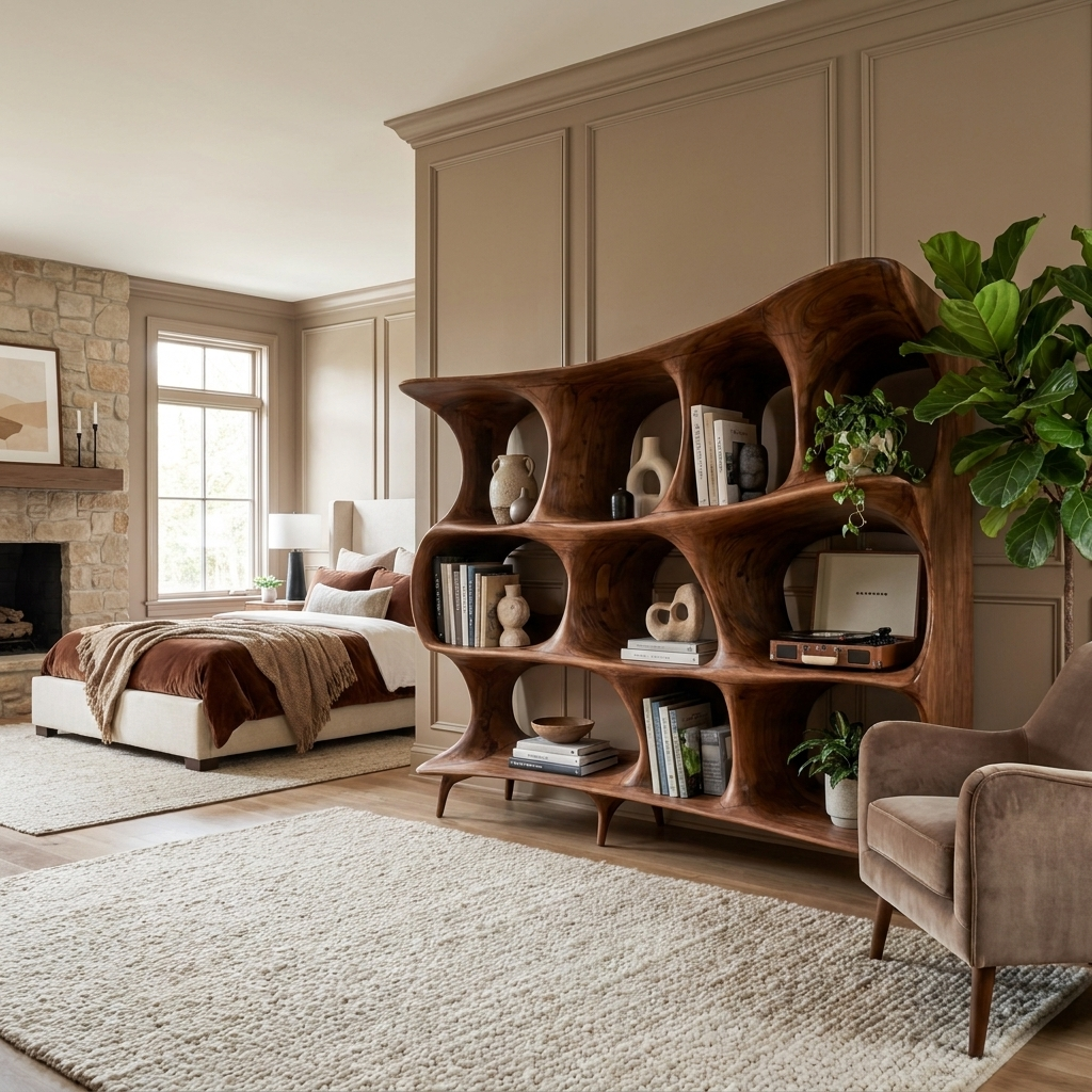 Organic Carved Bookshelf For Living Room Or Office Storage