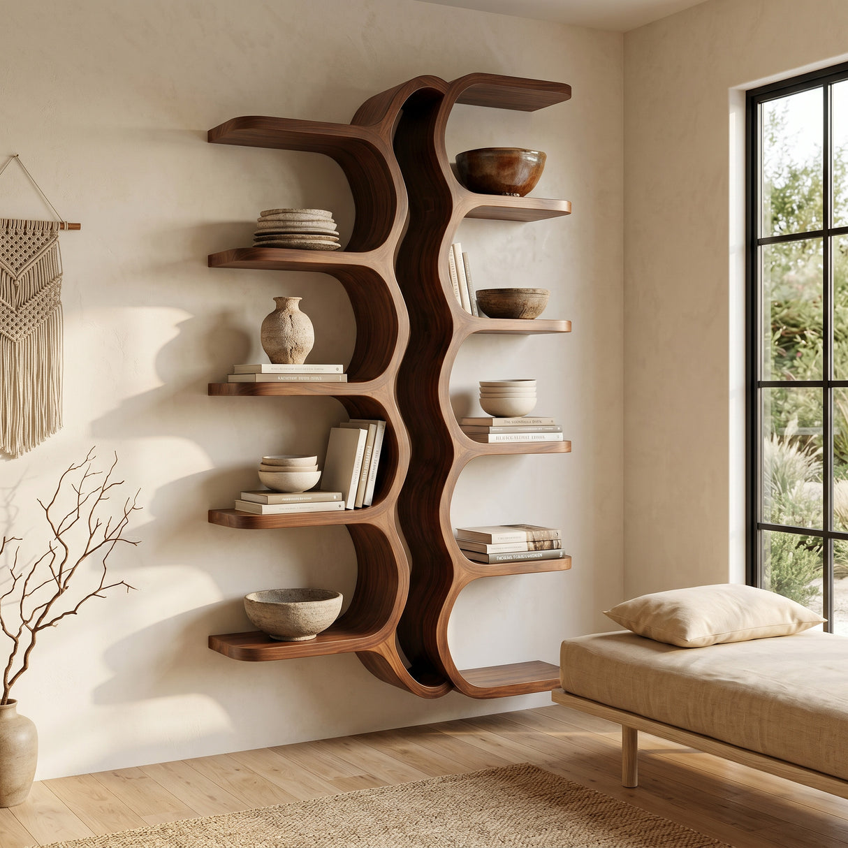 Organic Sculpture Wooden Wall Mounted Shelf For Living Room