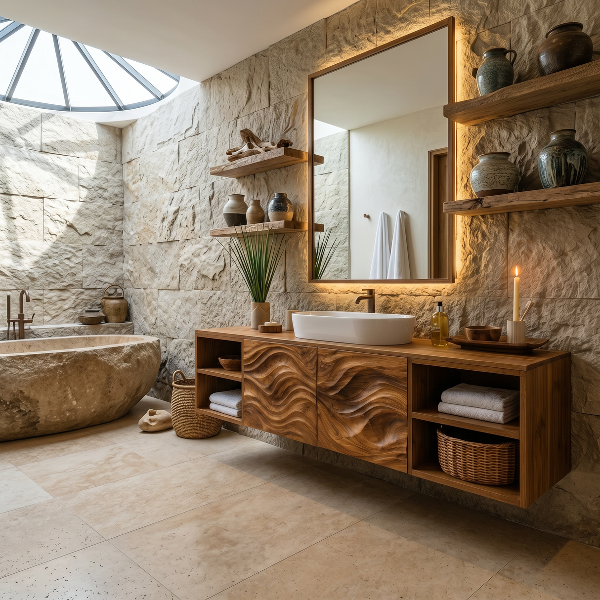 Organic Floating Bathroom Vanity With Open Shelves For Contemporary Bathroom