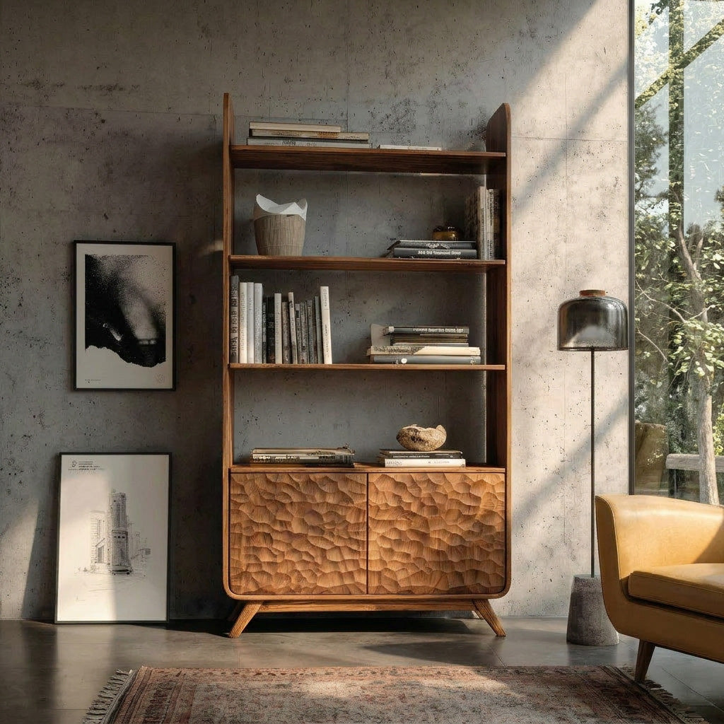 Luxury Solid Wood Bookshelf With Sculpted Door Panels