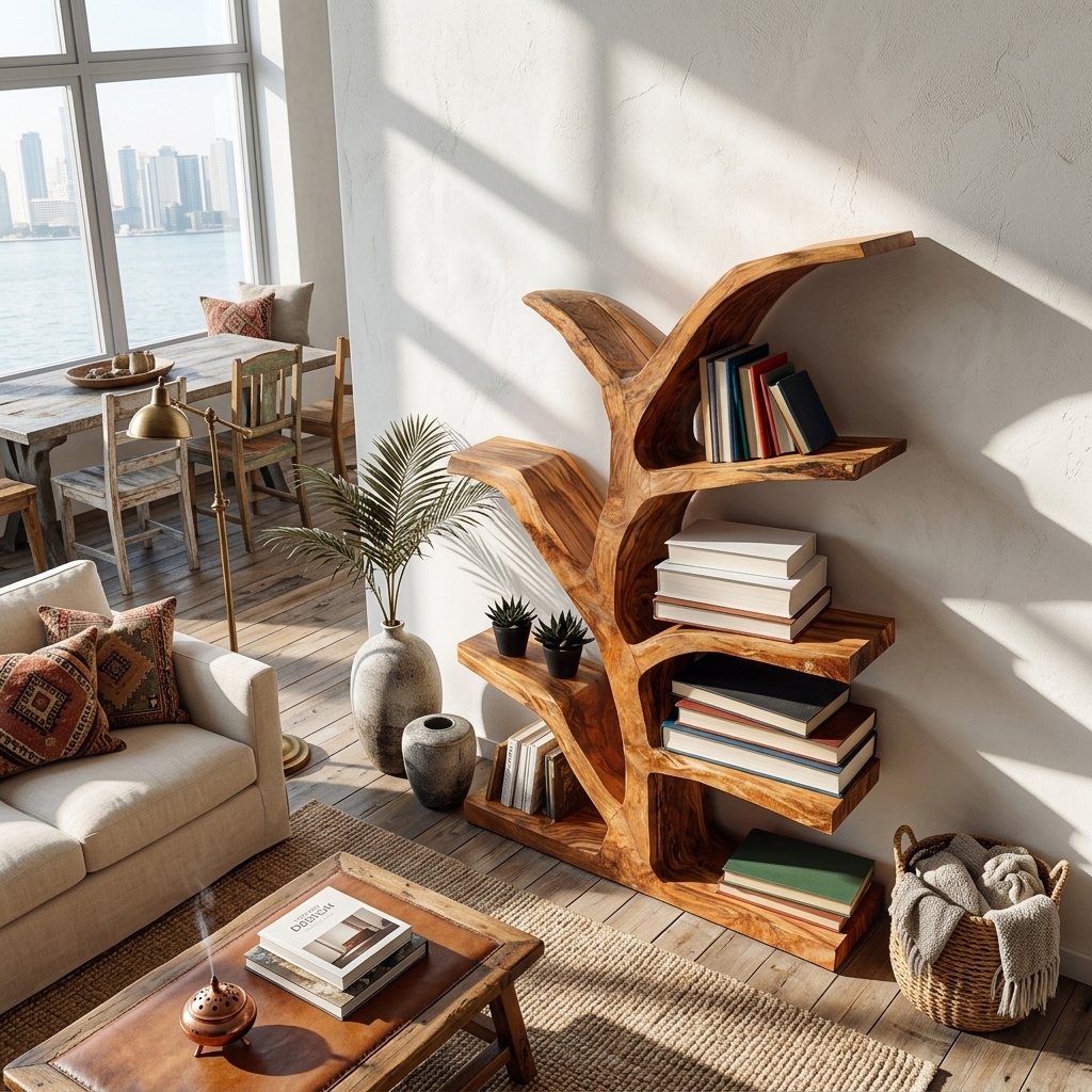 Wooden Bookshelf With Organic Form For Living Area