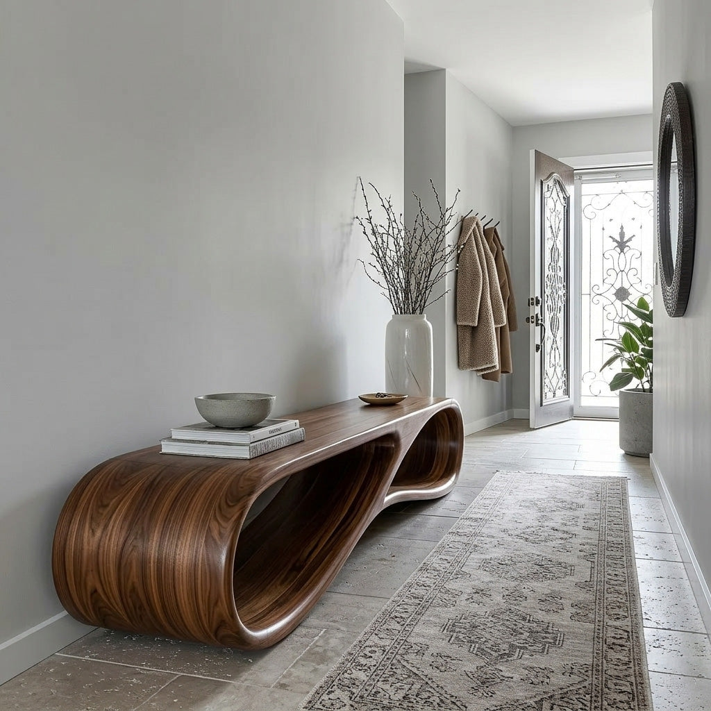 Modern Wood Bench With Sculptural Form For Entryway