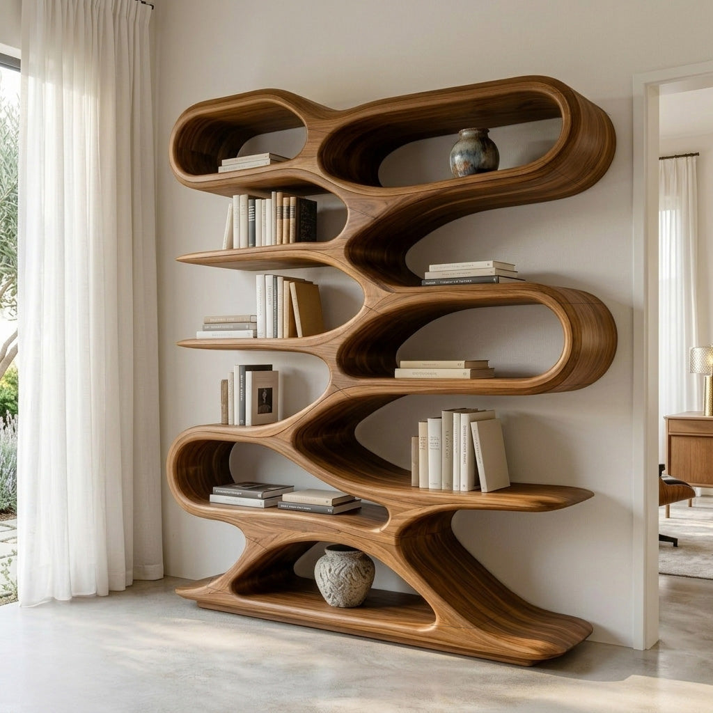 Organic Sculptural Wood Bookcase For Living Room Decor