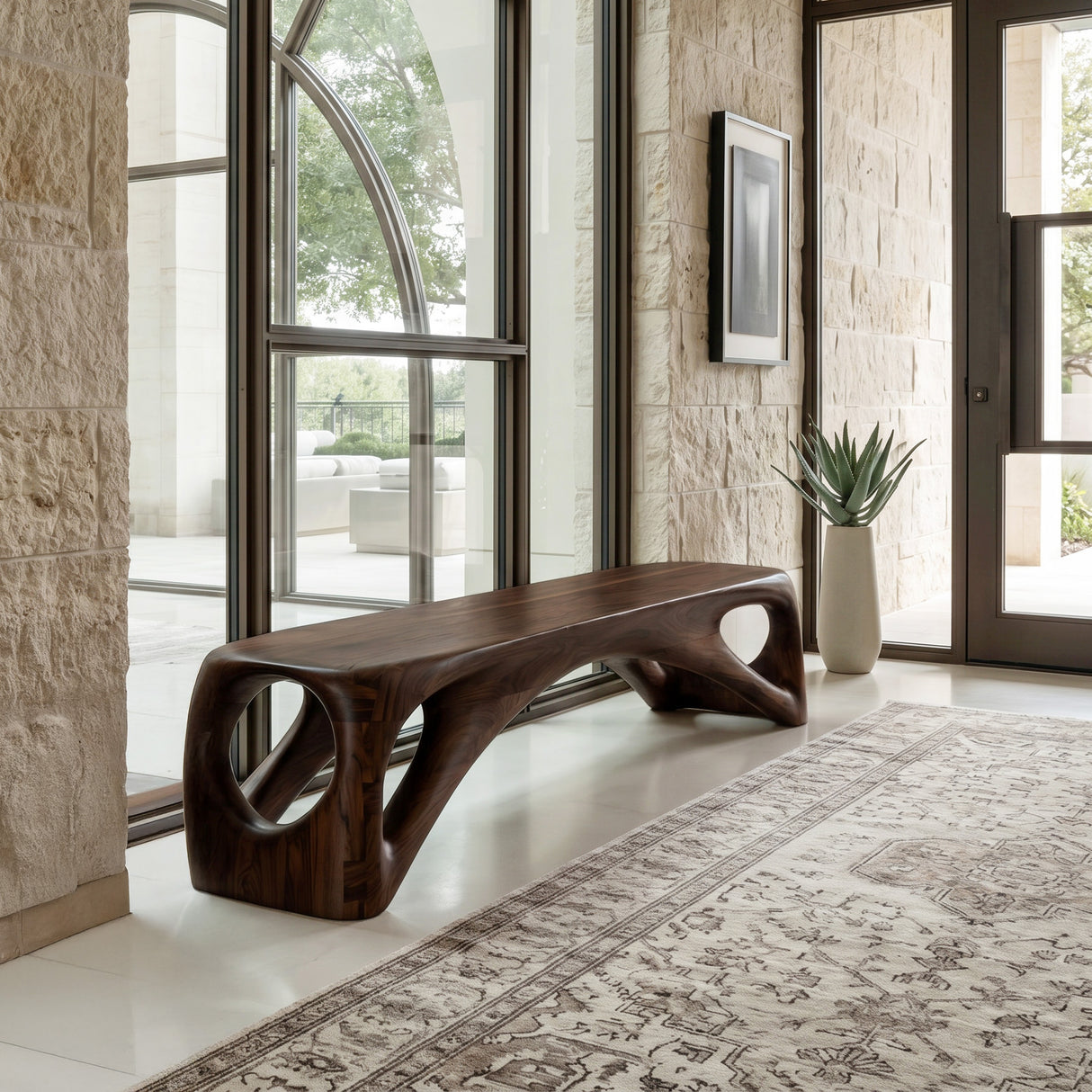 Organic Wooden Bench Hollow Design For Living Room