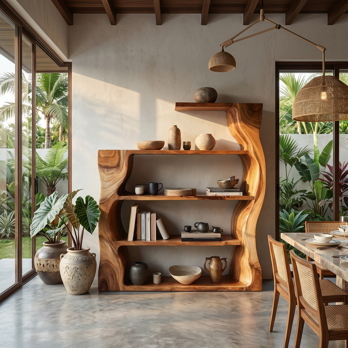 Organic Modern Wooden Bookshelf With Asymmetrical Curved Profile