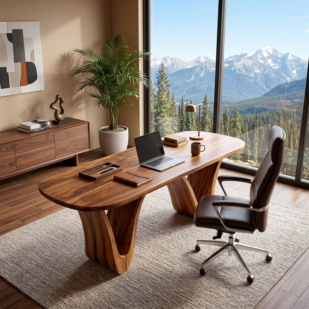 Modern Wooden Desk With Curved Base For Home Office