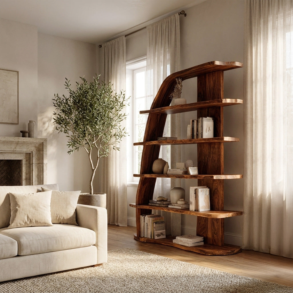Mid Century Natural Wood Display Bookshelf For Living Room
