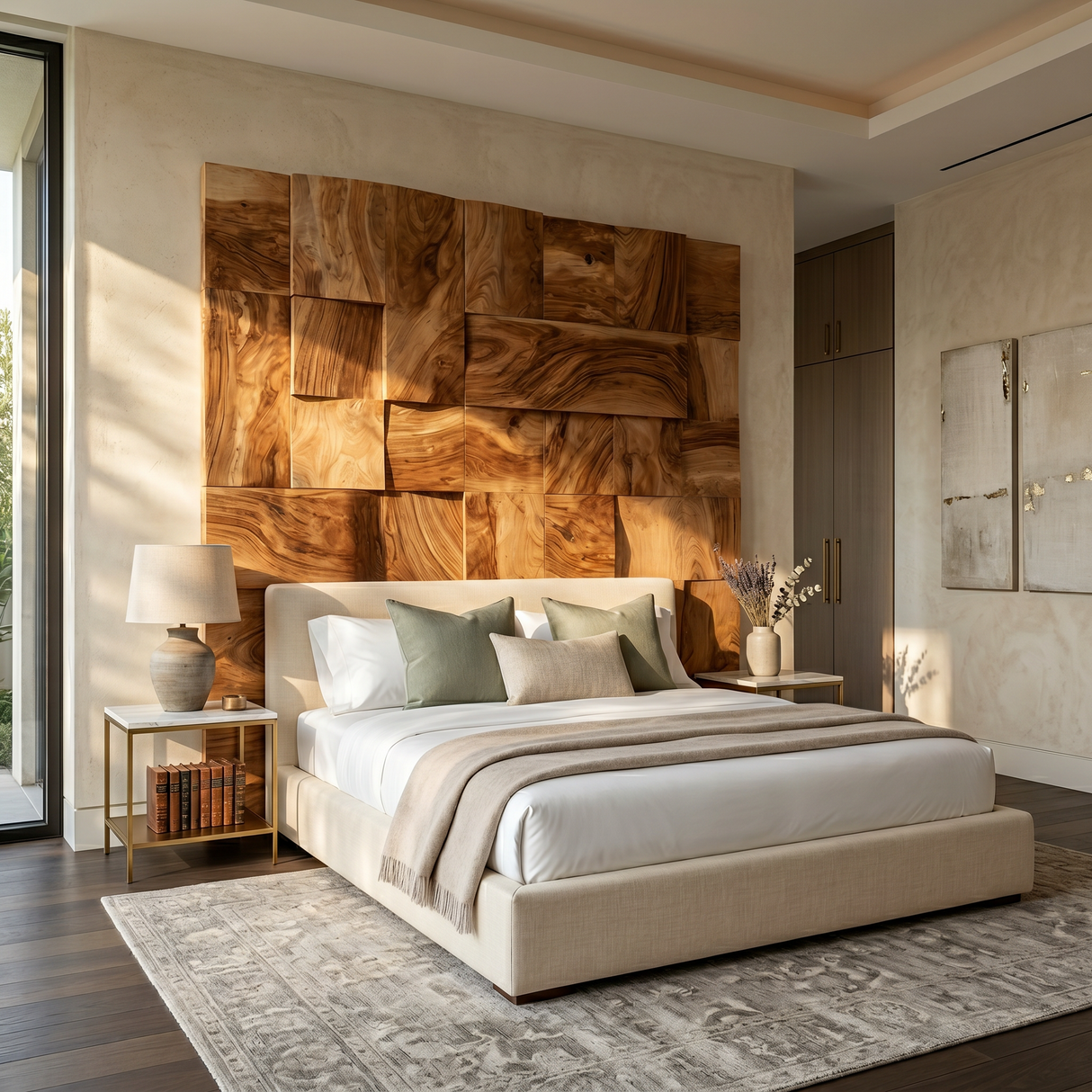 Modern Mosaic Wood Headboard For Luxury Tropical Bedroom Interior