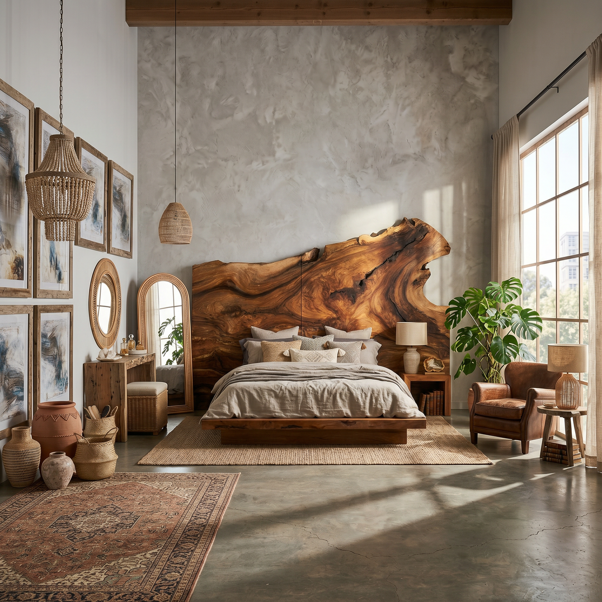 Natural Live Edge Wood Headboard For Contemporary Forest View Bedroom