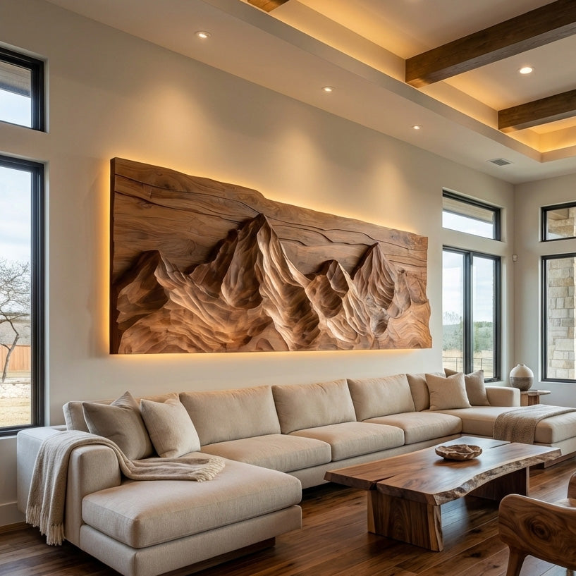 Contemporary Sculptural Wood Wall Art Mountain Design For Living Room