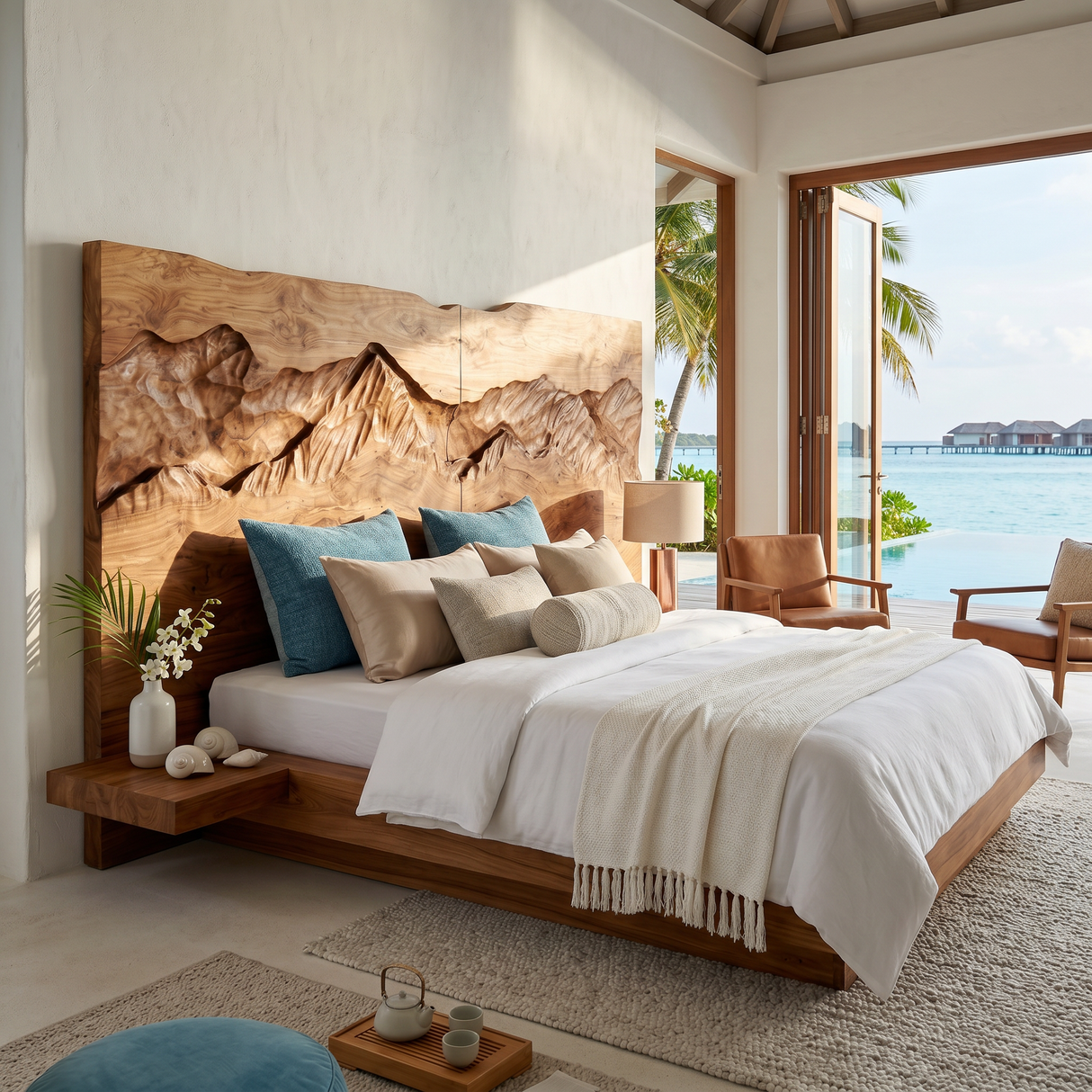 Rustic Mountain Relief Wood Headboard For Luxury Bedroom Interior