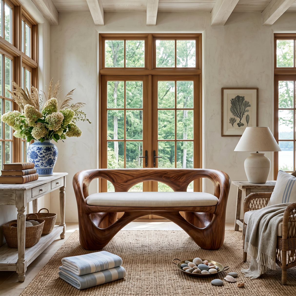 Organic Wooden Bench Contemporary Sunroom