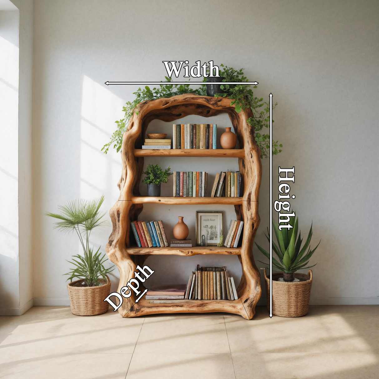 Rustic Sculptural Wooden Bookshelf With Carved Frame For Living Room Or Library
