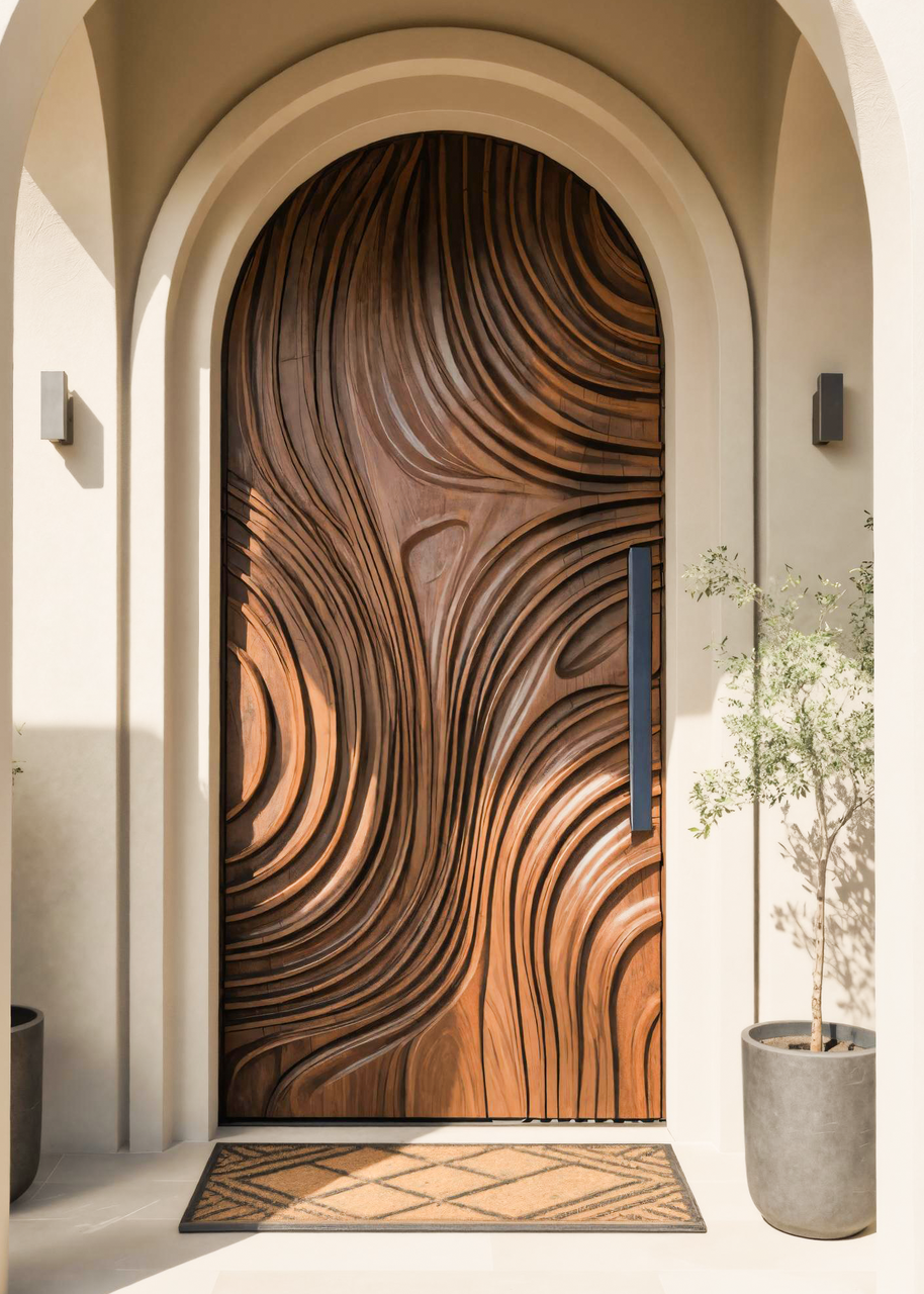 Modern Arched Front Door With Flowing Sculpted Design For Villa