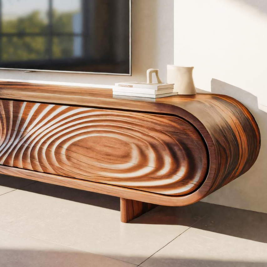 Modern Sculptural Wood TV Stand With Carved Door For Living Room
