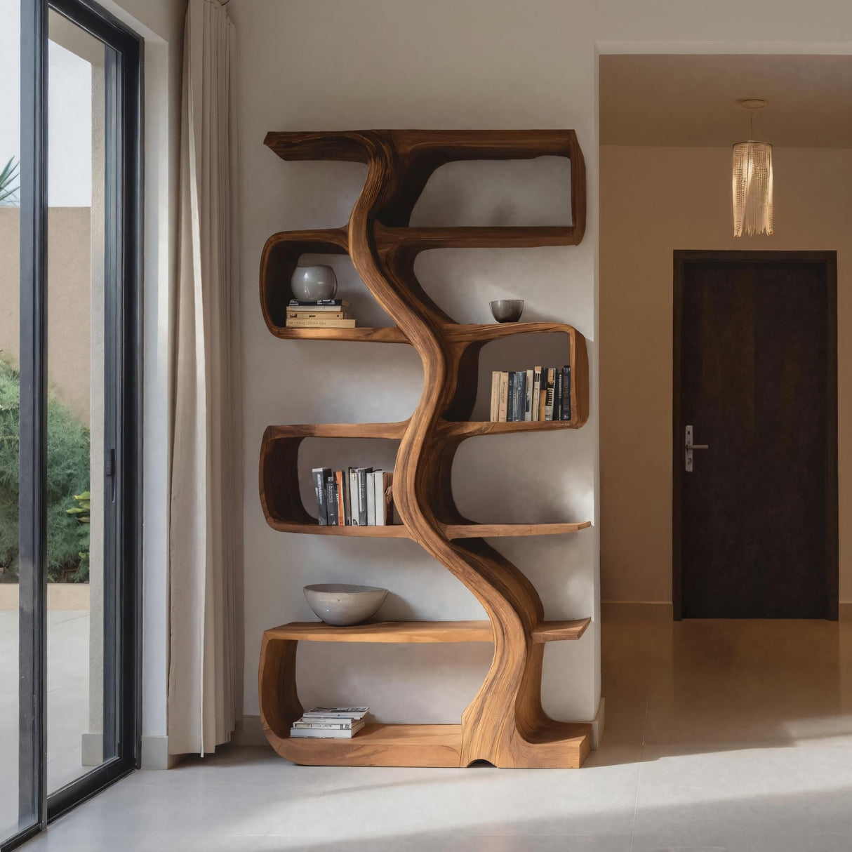 Organic Sculptural Bookshelf With Wavy Design For Living Room