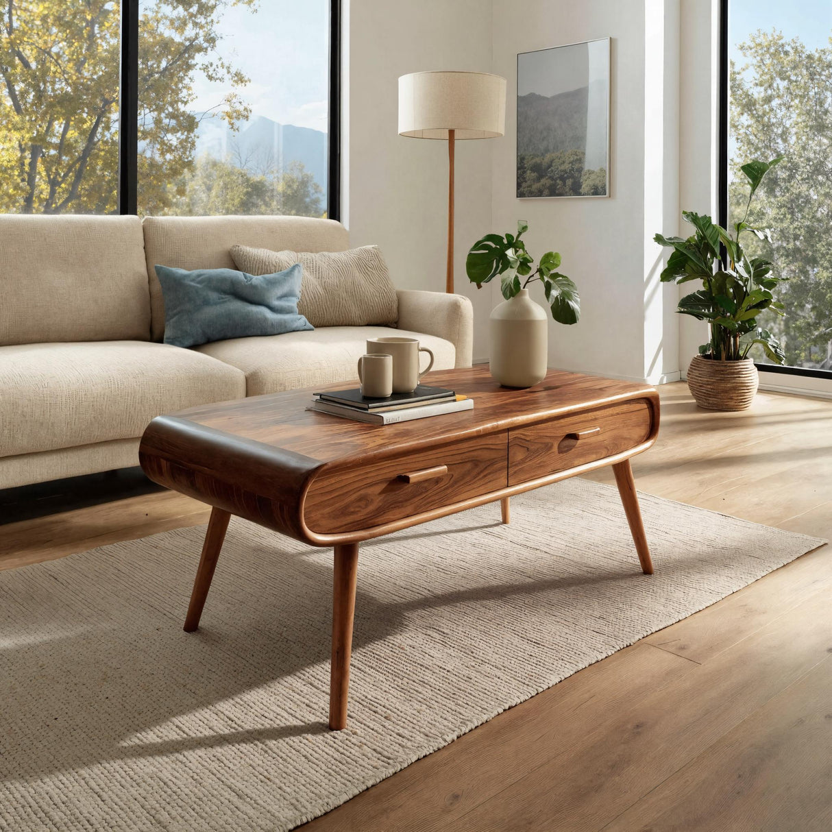 Mid Century Wood Coffee Table With Tapered Legs For Interior