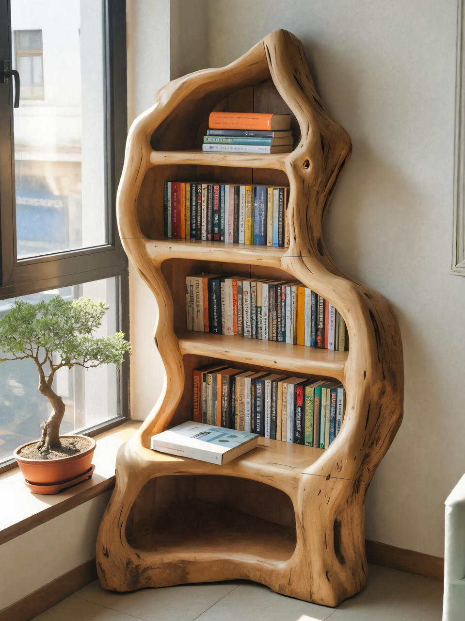 Organic Live Edge Bookshelf For Rustic Living Room Or Office
