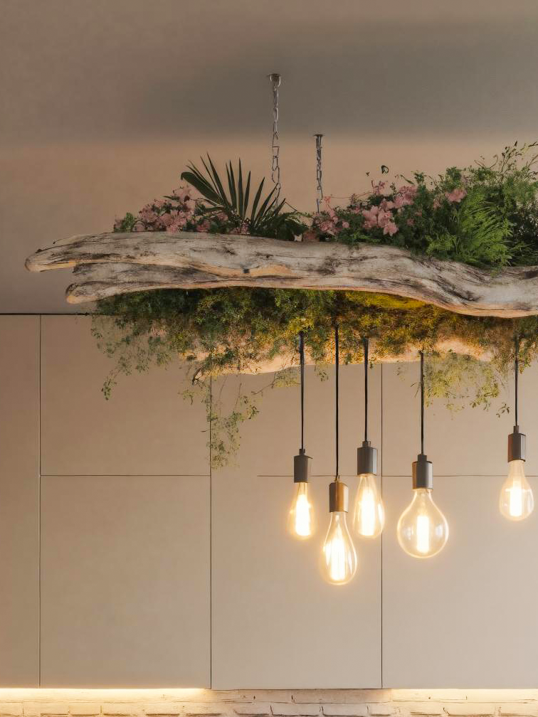 Rustic Driftwood Ceiling Light With Hanging Bulbs For Dining Room