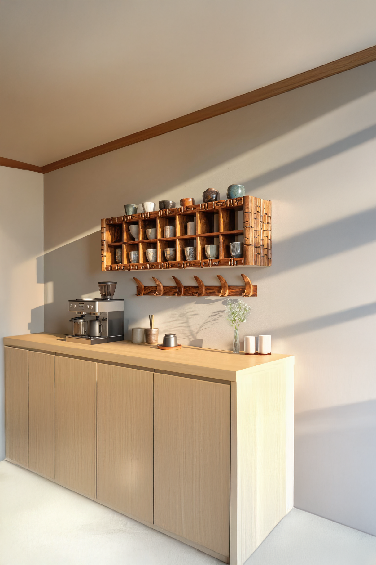 Modern Wooden Shelf With Hooks For Small Kitchen Design