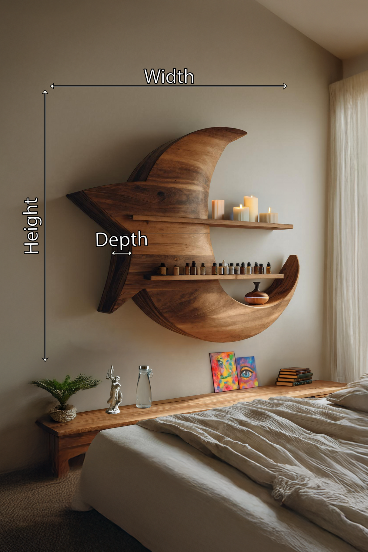 Handcrafted Moon And Star Wooden Shelf For Bedroom Decor