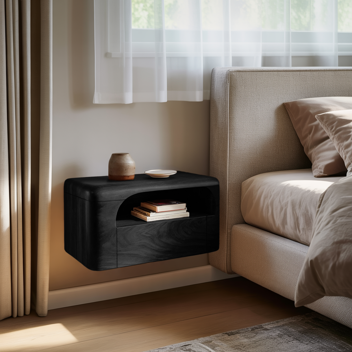 Organic Wall Mounted Bedside Table With Drawer For Bedroom