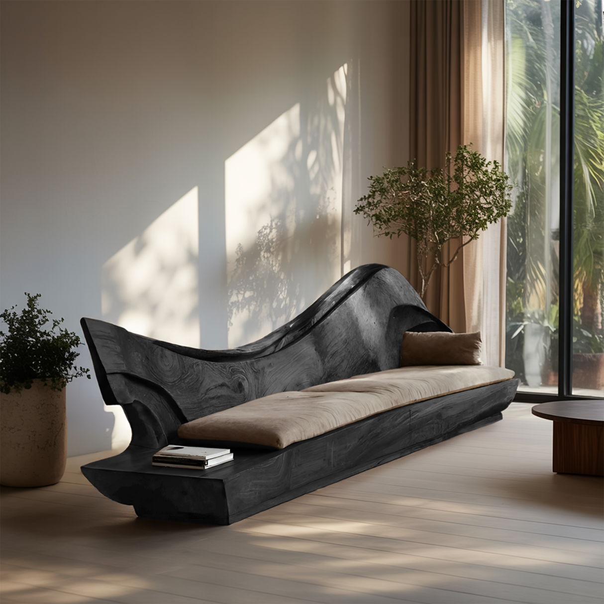 Sculptural Natural Wood Sofa With Organic Curved For Living Room