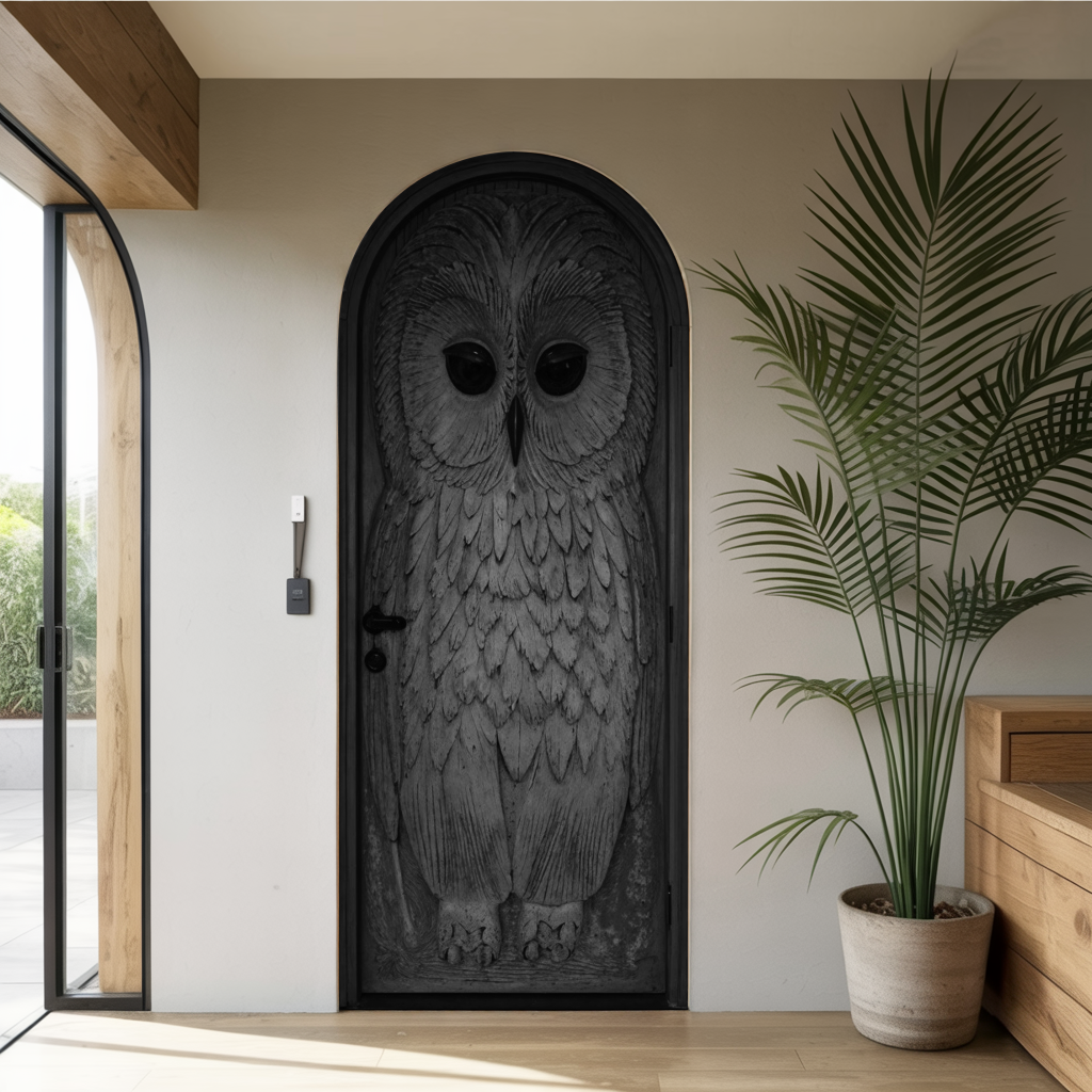 Whimsical Owl Carved Entry Door For Home Garden